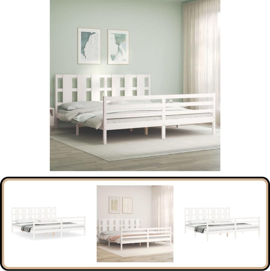 VidaXL Bedframe Massief Grenenhout Wit 200x200 cm Massief Grenenhouten Bed Tweepersoons Bed Witte Bed Frame Bed Met Hoofdbord Slaapkamer Meubels