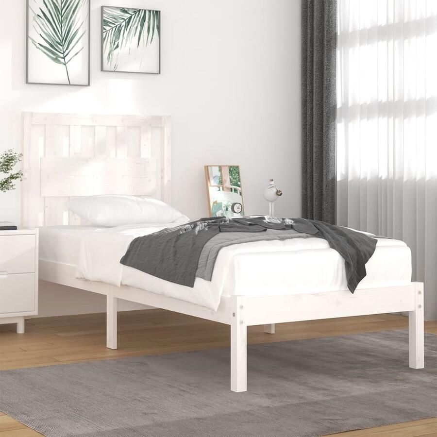VidaXL Bedframe massief grenenhout wit 90x200 cm Houten Bedframe Massief Grenenhout Enkel Bed Witte Bedbank Slaapkamer Meubels Tweepersoon Bed - Foto 2