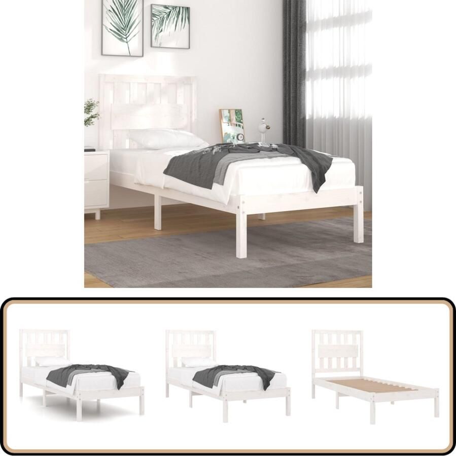 VidaXL Bedframe massief grenenhout wit 90x200 cm Houten Bedframe Massief Grenenhout Enkel Bed Witte Bedbank Slaapkamer Meubels Tweepersoon Bed
