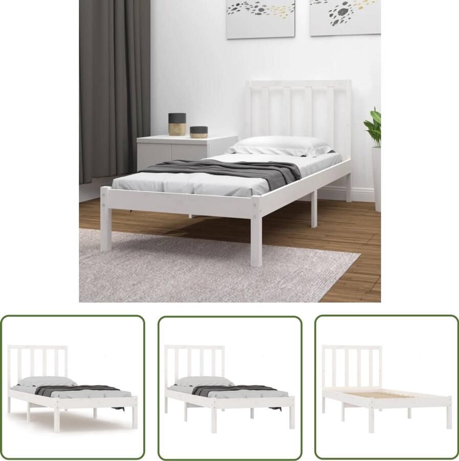 VidaXL Bedframe Massief Grenenhout Wit 90x200 cm Houten Bedframe Wit Enkelbed Massief Hout Bedbank Slaapcomfort Hoofdboard Stapelbare Bedden