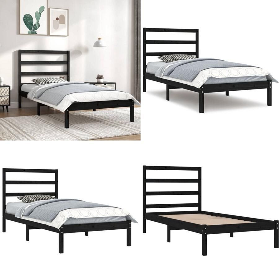VidaXL Bedframe massief grenenhout zwart 100x200 cm Bedframe Bedframes Bed Bedbodem