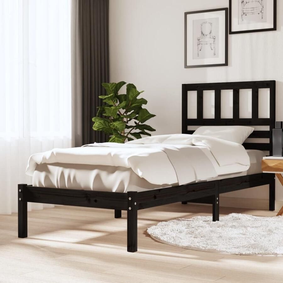VidaXL Bedframe Massief Grenenhout Zwart 75x190 cm Houten Bedframe Grenenhout Bed Zwarte Bed Tweepersoons Bed Klein Enkel Bed Slaapkamer Meubels - Foto 2
