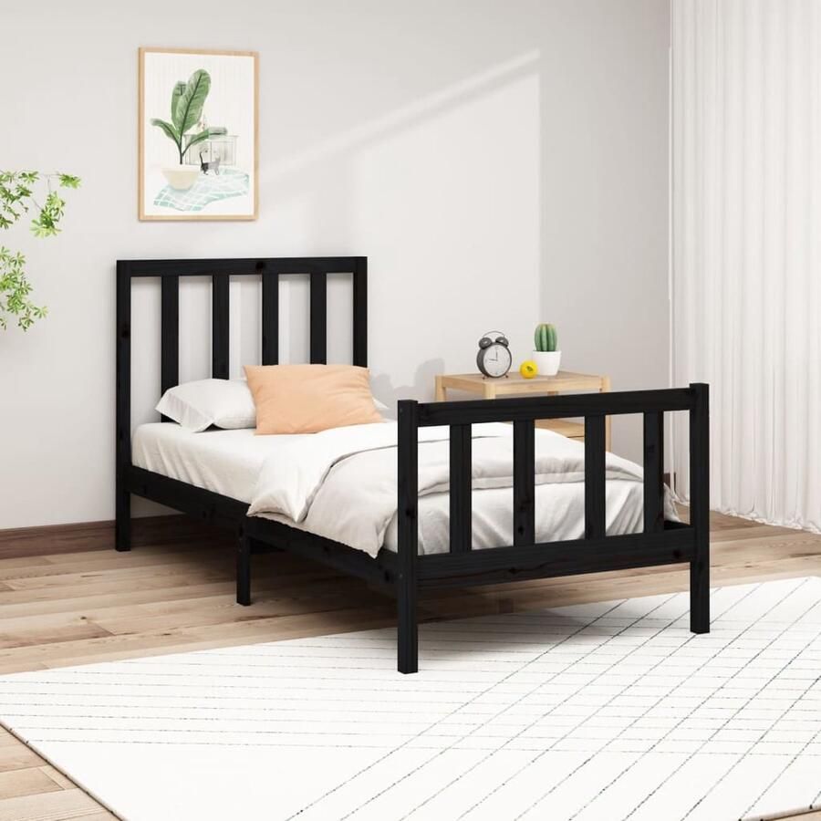 VidaXL Bedframe Massief Grenenhout Zwart 100x200 cm Houten Bedframe Tweepersoons Bed Massief Grenenhout Zwarte Bedbank Modern Bed Design Bed Met Hoofdbord - Foto 2