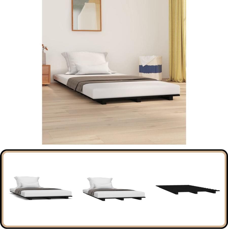 VidaXL Bedframe Massief Grenenhout Zwart 100x200 cm Houten Bedframe Tweepersoons Bed Massief Grenenhout Zwarte Bedframe 100x200