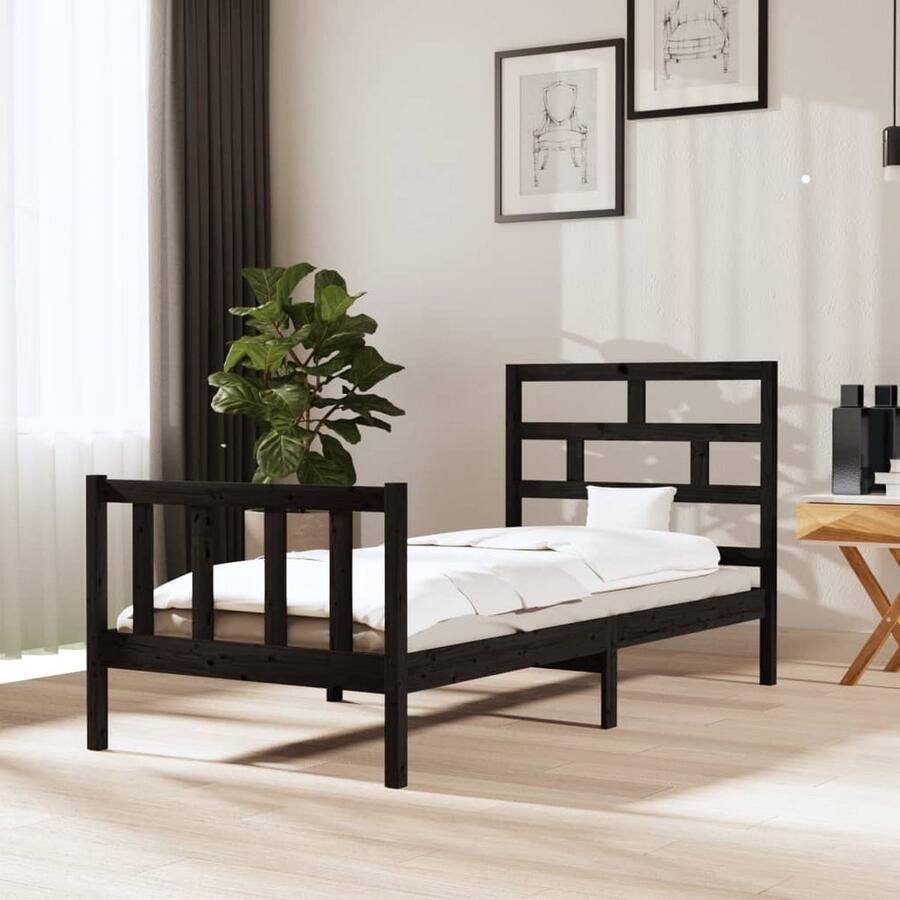 VidaXL Bedframe massief grenenhout zwart 100x200 cm Houten Bedframe Tweepersoons Bed Zwarte Bedpost Modern Design Klassiek Hoofdeinde Massief Grenenhout - Foto 2