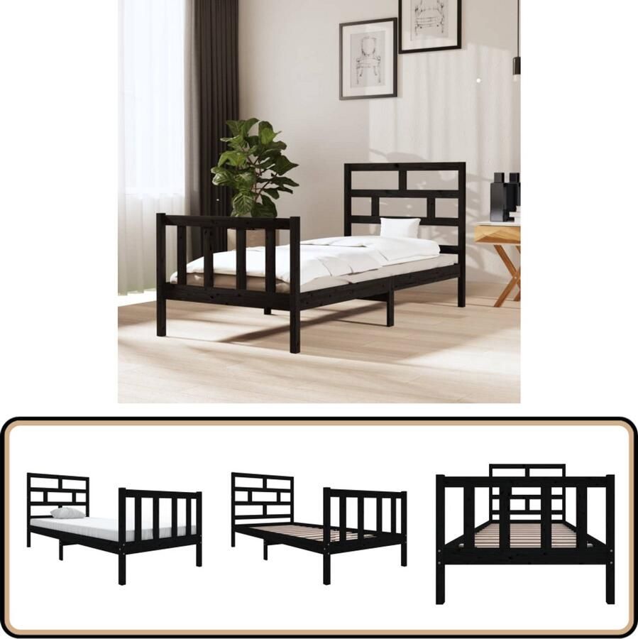 VidaXL Bedframe massief grenenhout zwart 100x200 cm Houten Bedframe Tweepersoons Bed Zwarte Bedpost Modern Design Klassiek Hoofdeinde Massief Grenenhout