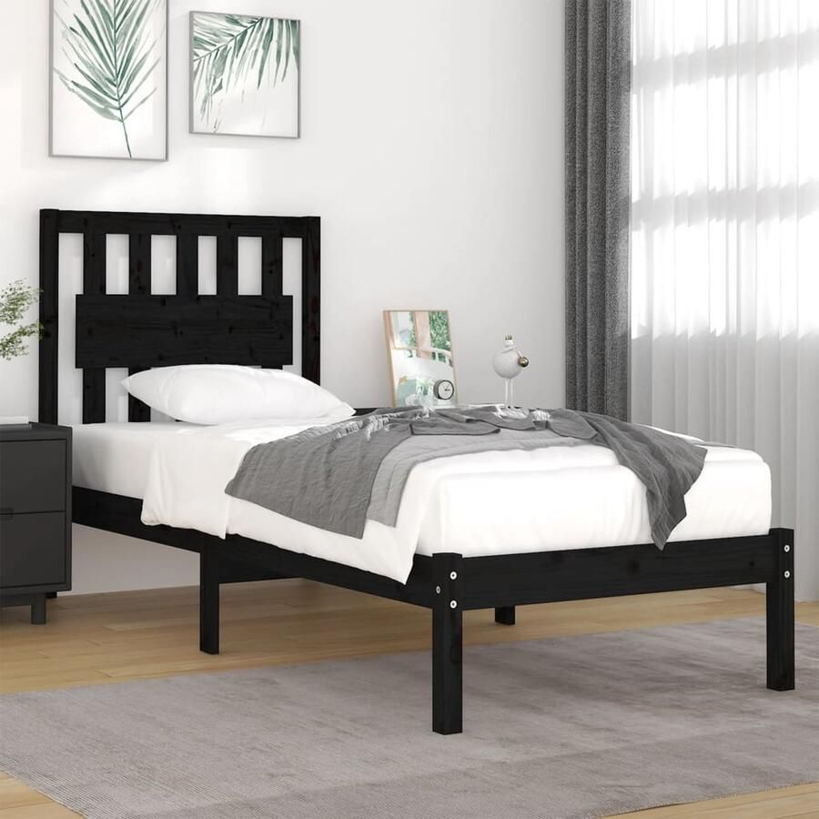 VidaXL Bedframe Massief Grenenhout Zwart 100x200cm Massief Hout Bed Houten Bedframe Tweepersoons Bed Zwarte Bed Classic Bed Design - Foto 2