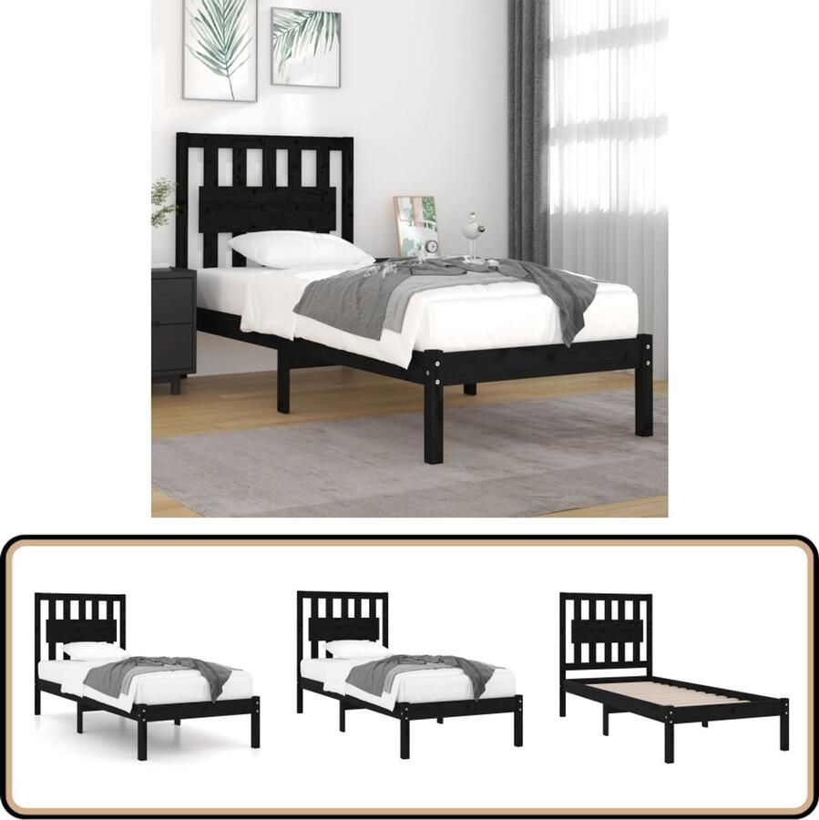 VidaXL Bedframe Massief Grenenhout Zwart 100x200cm Massief Hout Bed Houten Bedframe Tweepersoons Bed Zwarte Bed Classic Bed Design