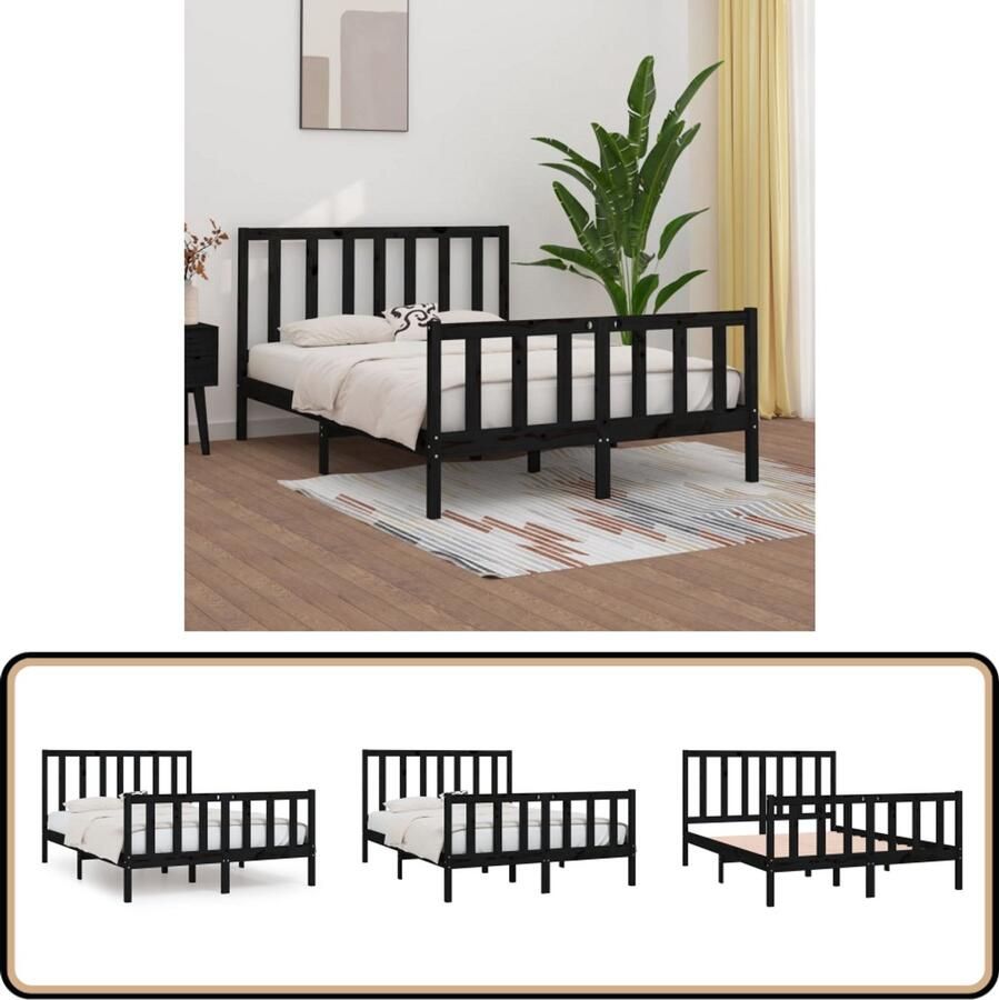 VidaXL Bedframe Massief Grenenhout Zwart 135x190 cm Bed Frame Houten Bed Tweepersoonsbed Slaapcomfort Grenenhouten Bed