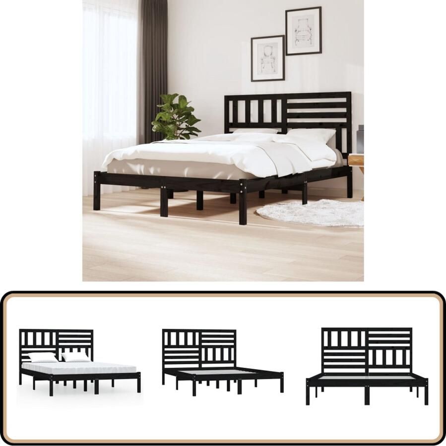VidaXL Bedframe Massief Grenenhout Zwart 135x190 cm Houten Bedframe Double Bed Zwarte Bedpost Massief Grenenhout Design Bed