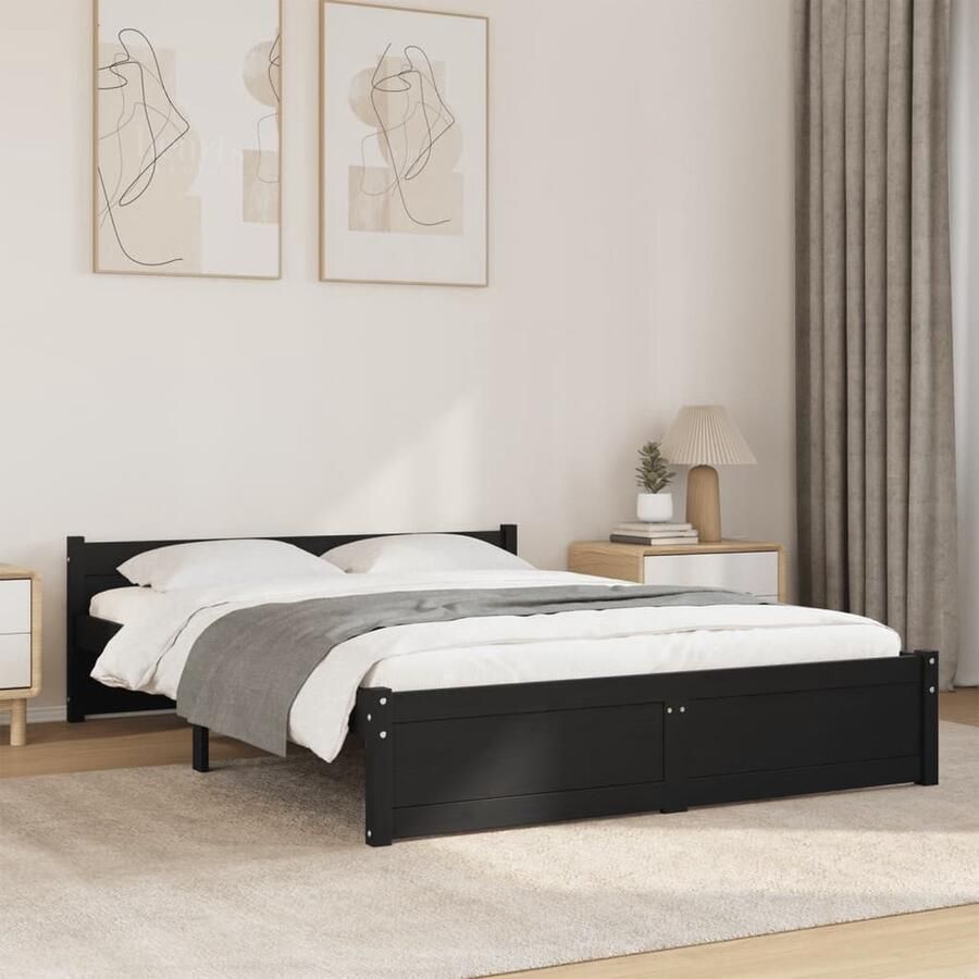 VidaXL Bedframe Massief Grenenhout Zwart 135x190 cm Houten Bedframe Modern Bedframe Dubbele Bed Zwarte Bed Massief Grenenhout Bed Stabiele Bedbodems - Foto 2