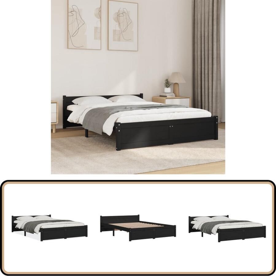 VidaXL Bedframe Massief Grenenhout Zwart 135x190 cm Houten Bedframe Modern Bedframe Dubbele Bed Zwarte Bed Massief Grenenhout Bed Stabiele Bedbodems