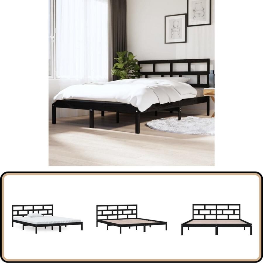 VidaXL Bedframe Massief Grenenhout Zwart 135x190 cm Modern Bed Frame Houten Bed Zwarte Bedframe Tweepersoons Bed Slaapkamersdecoratie