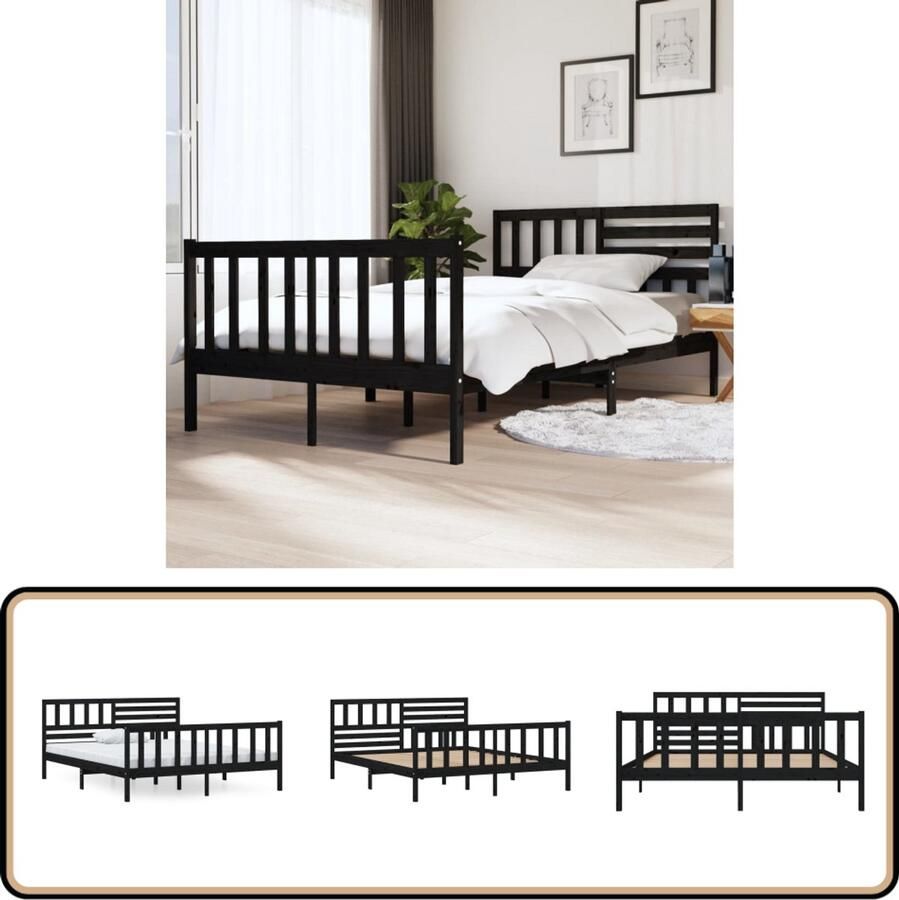 VidaXL Bedframe Massief Grenenhout Zwart 135x190 cm Slaapkamers Bedframe Massief Hout Zwarte Bed Dubbel Bed