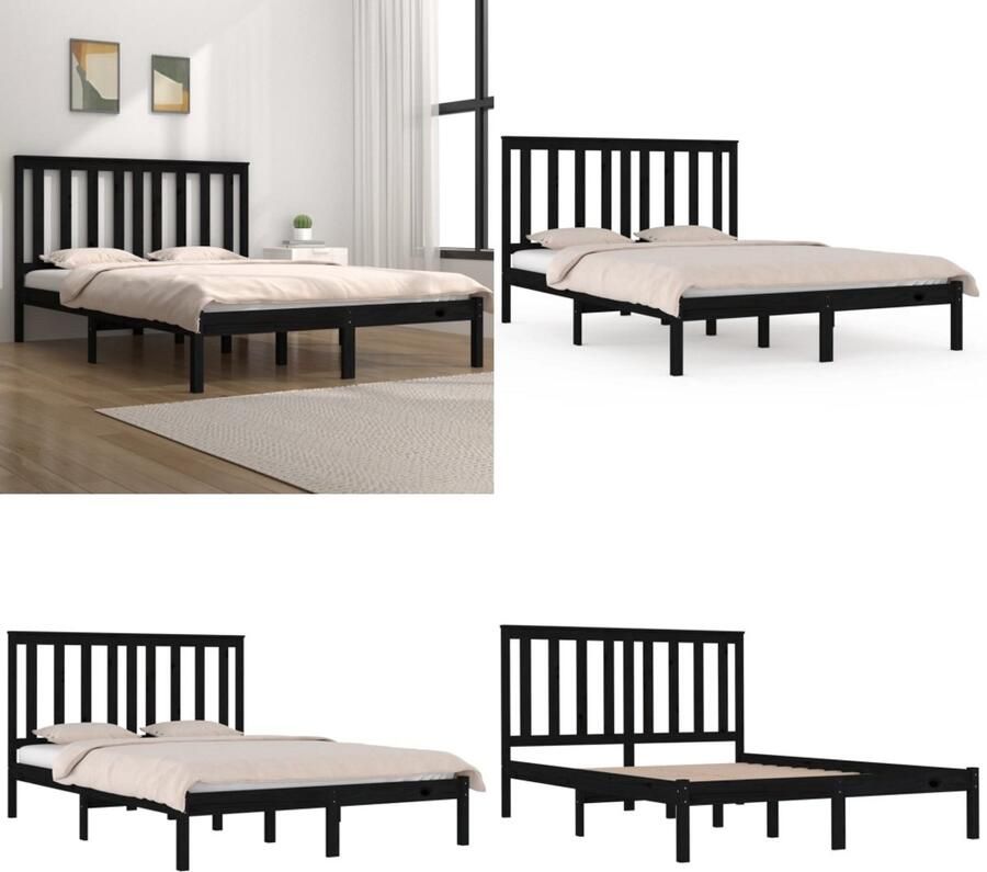 VidaXL Bedframe massief grenenhout zwart 140x190 cm Bedframe Bedframes Tweepersoonsbed Bed