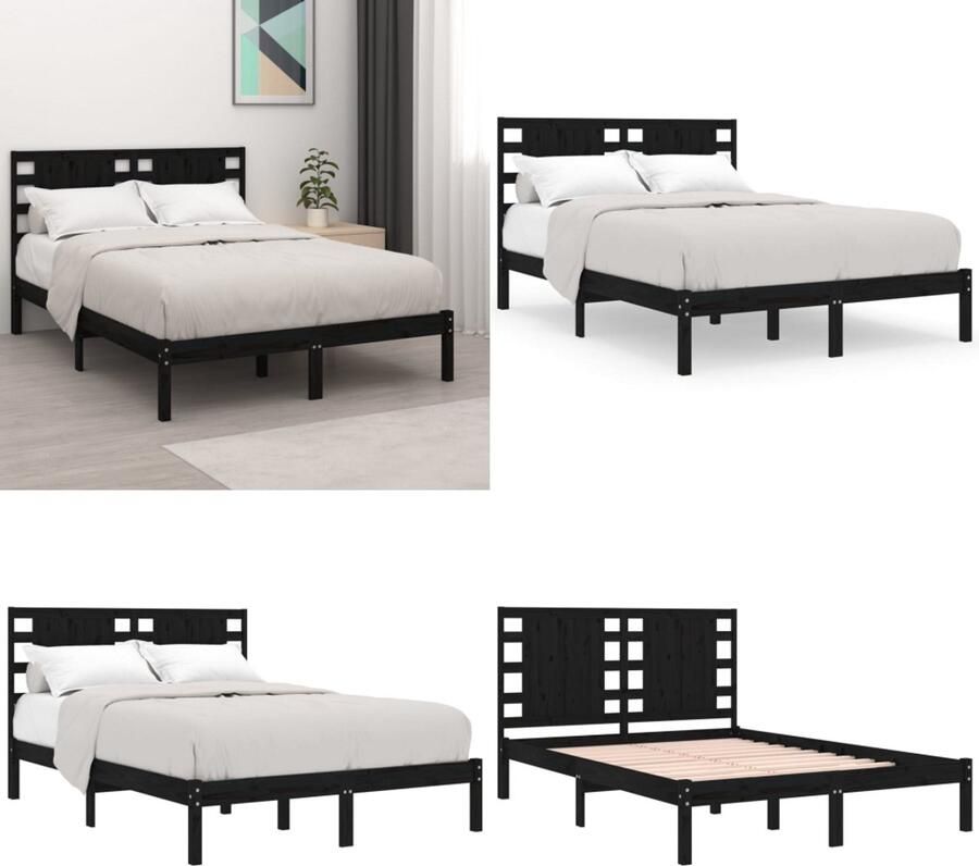 VidaXL Bedframe massief grenenhout zwart 140x190 cm Bedframe Bedframes Tweepersoonsbed Bed