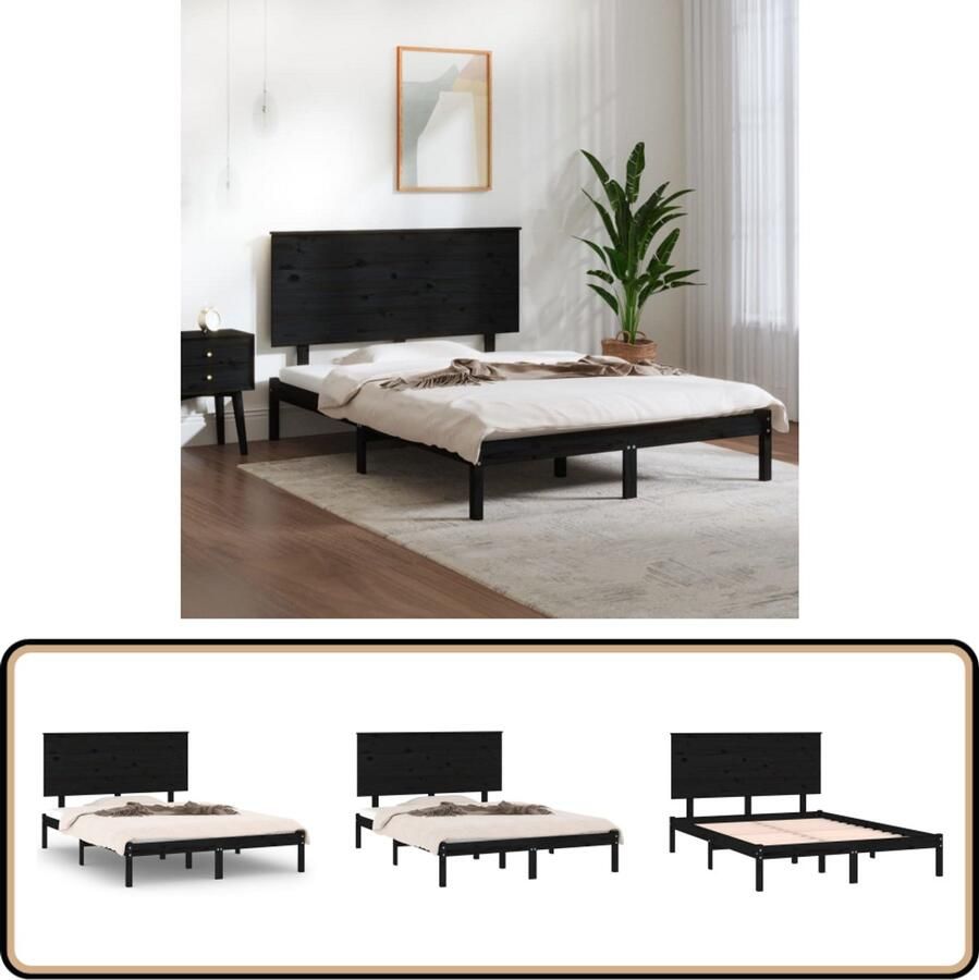 VidaXL Bedframe Massief Grenenhout Zwart 140x190 cm Houten Bed Frame Massief Grenenhout Bed Zwarte Bedpost Tweepersoons Bed Modern Bed Frame