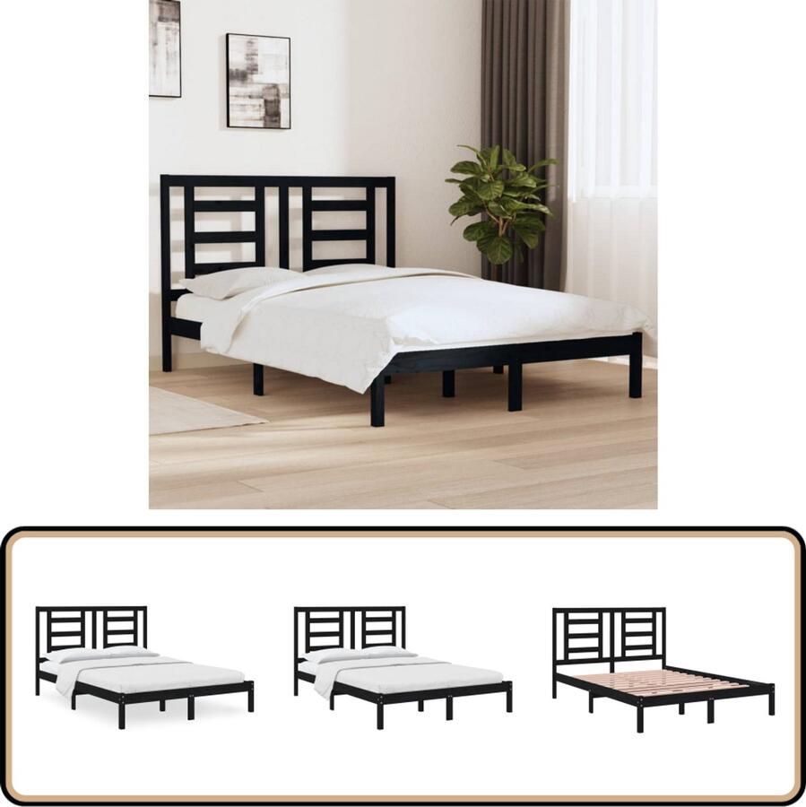 VidaXL Bedframe Massief Grenenhout Zwart 140x190 cm Houten Bedframe Massief Grenenhout Zwarte Bedpost Tweepersoons Bed Modern Bed