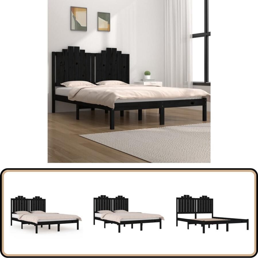 VidaXL Bedframe Massief Grenenhout Zwart 140x190cm Houten Bed Frame Zwarte Bedpost Tweepersoons Bed Boxspring Bed Massief Grenenhout