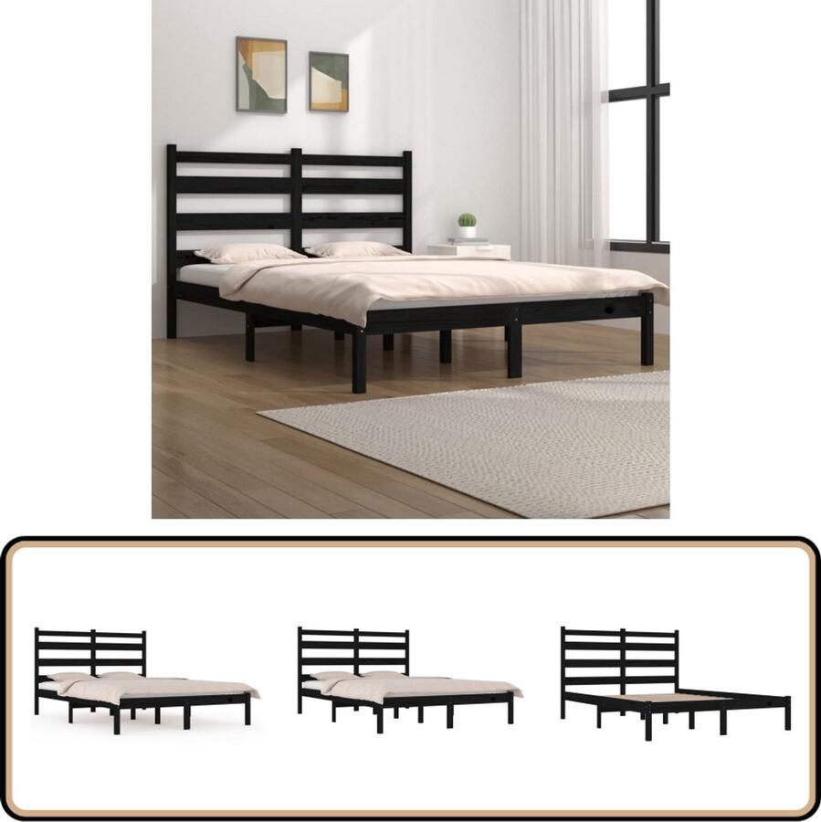 VidaXL Bedframe Massief Grenenhout Zwart 140x200 cm Houten Bed Frame Klassiek Bed Tweepersoons Bed Zwarte Bed Grenenhout Bed Boxspring Bed Slaapcomfort