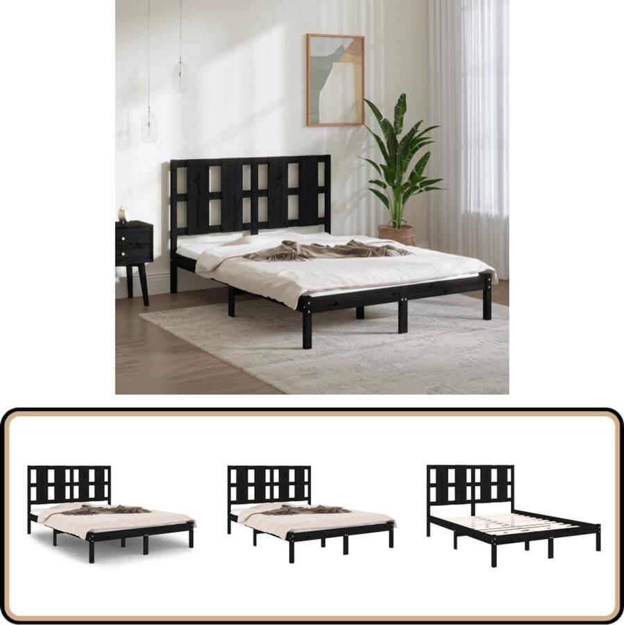 VidaXL Bedframe Massief Grenenhout Zwart 140x200 cm Houten Bed Frame Tweepersoons Bed Massief Grenenhout Zwarte Bedbank Modern Bed