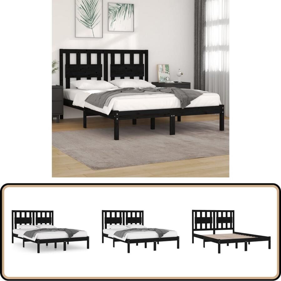 VidaXL Bedframe massief grenenhout zwart 140x200 cm Slaapkamer Meubels Tweepersoons Bed Bedframe Grenenhout Bed Zwarte Bedframe