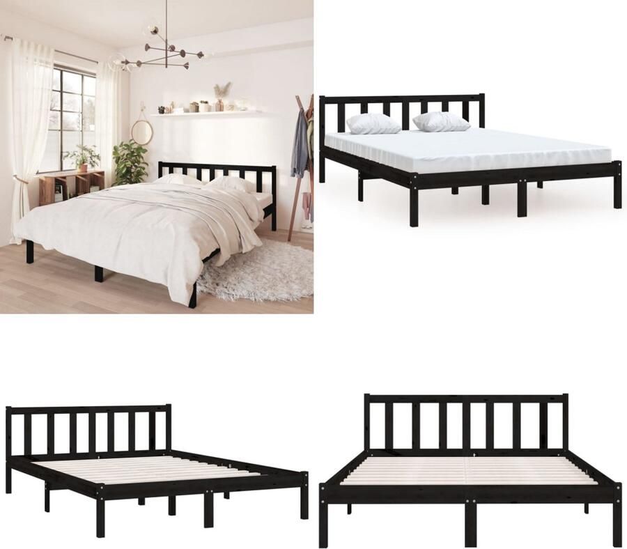 VidaXL Bedframe massief grenenhout zwart 150x200 cm 5FT King Size Bedframe Bed Frame Bed Frames