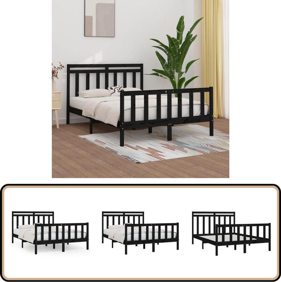 VidaXL Bedframe Massief Grenenhout Zwart 150x200 cm Houten Bed Frame Tweepersoons Bed King Size Bed Massief Grenenhout Zwarte Bed Frame