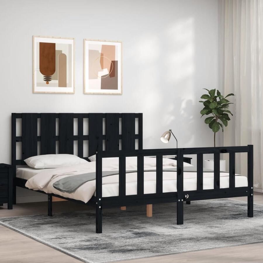 VidaXL Bedframe Massief Grenenhout Zwart 150x200 cm Massief Grenenhouten Bed Frame Tweepersoons Bed Zwarte Bed Frame Hoofdbord Bed Boxspring Bed Slaapkamer Meubels - Foto 3
