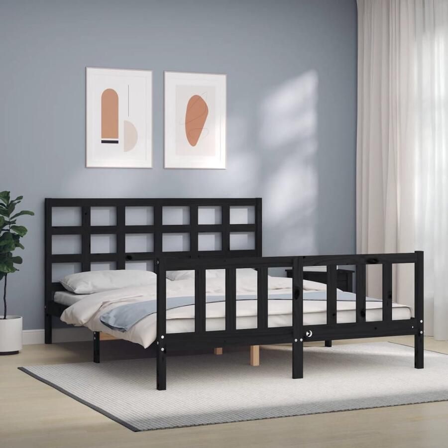 VidaXL Bedframe Massief Grenenhout Zwart 150x200 cm Massief Houten Bed Frame Tweepersoons Bed Zwarte Bed Frame Hoofd Bord Bed Design Bed Slaapkamer Meubels - Foto 2