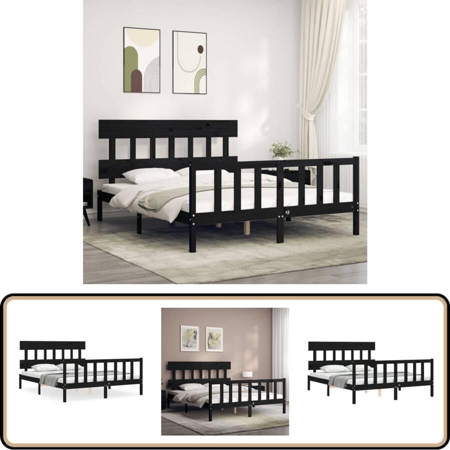 VidaXL Bedframe Massief Grenenhout Zwart 150x200 cm Massief Houten Bed Frame Tweepersoons Bed Zwarte Bedpost Grenenhout Bed Boxspring Bed