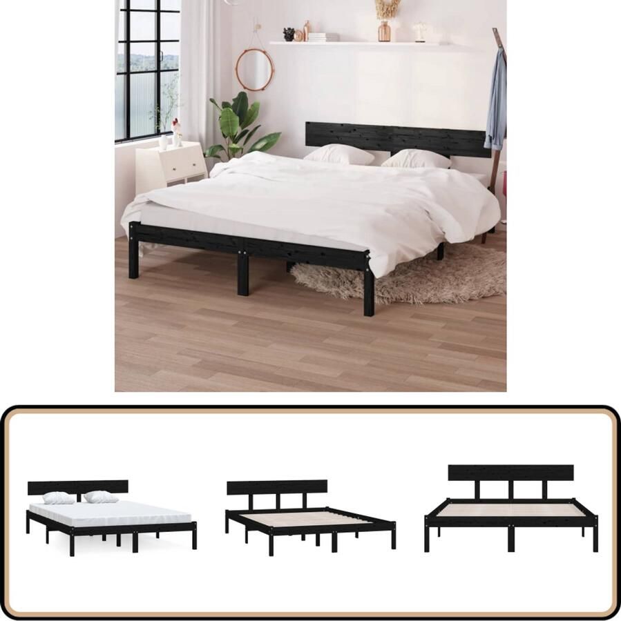 VidaXL Bedframe Massief Grenenhout Zwart 160x200 cm Massief Hout Bed Frame Zweepslaken Tweepersoons Bed Zwarte Bedbank Modern Bed