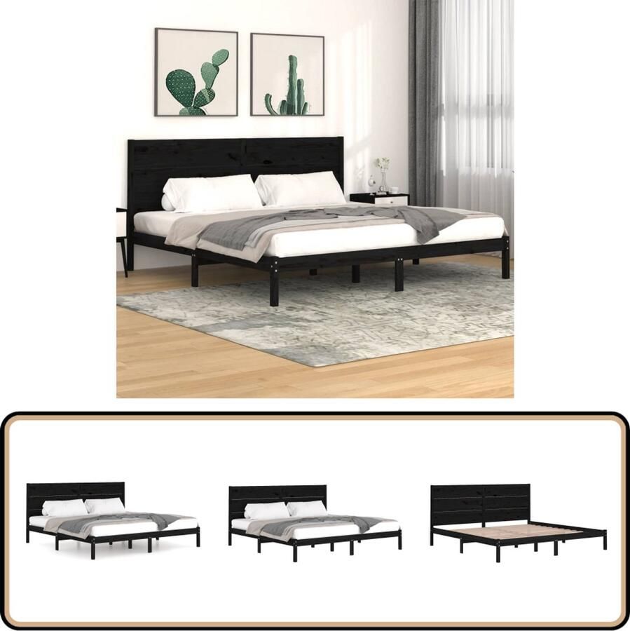 VidaXL Bedframe Massief Grenenhout Zwart 200x200 cm Houten Bed Frame Massief Grenenhout Zwarte Bedpost Boxspring Bed Tweepersoons Bed King Size Bed Slaapcomfort