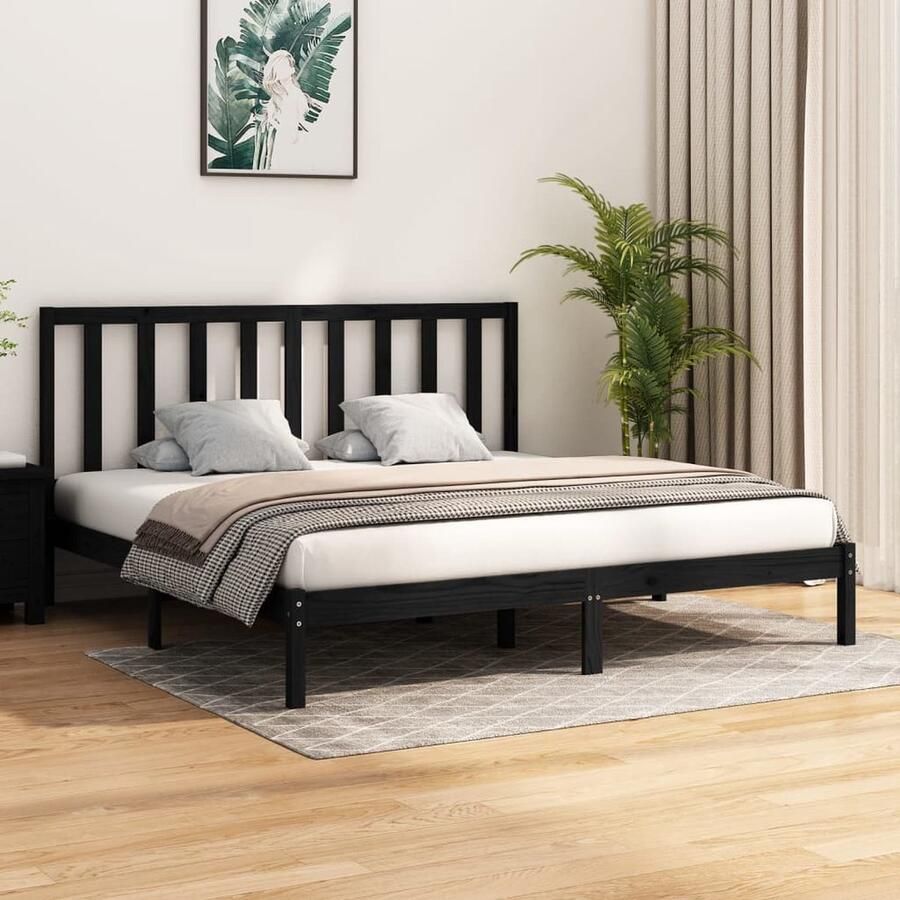 VidaXL Bedframe Massief Grenenhout Zwart 200x200 cm Houten Bedframe Grenenhout Bedframe Tweepersoons Bed Zwarte Bed Bedframe 200x200 Stapelbare Bedbodems - Foto 2