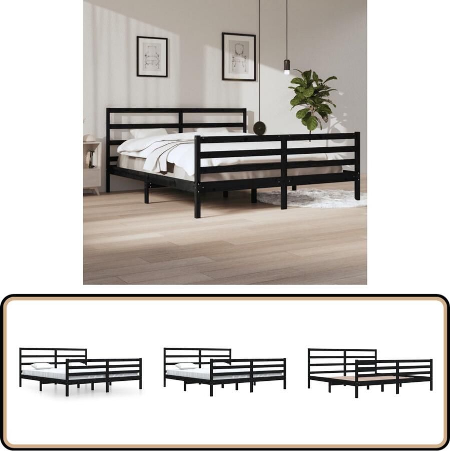VidaXL Bedframe Massief Grenenhout Zwart 200x200 cm Houten Bedframe Tweepersoons Bed Massief Grenenhout Zwarte Bedbank Bedframe Met Hoofdbord