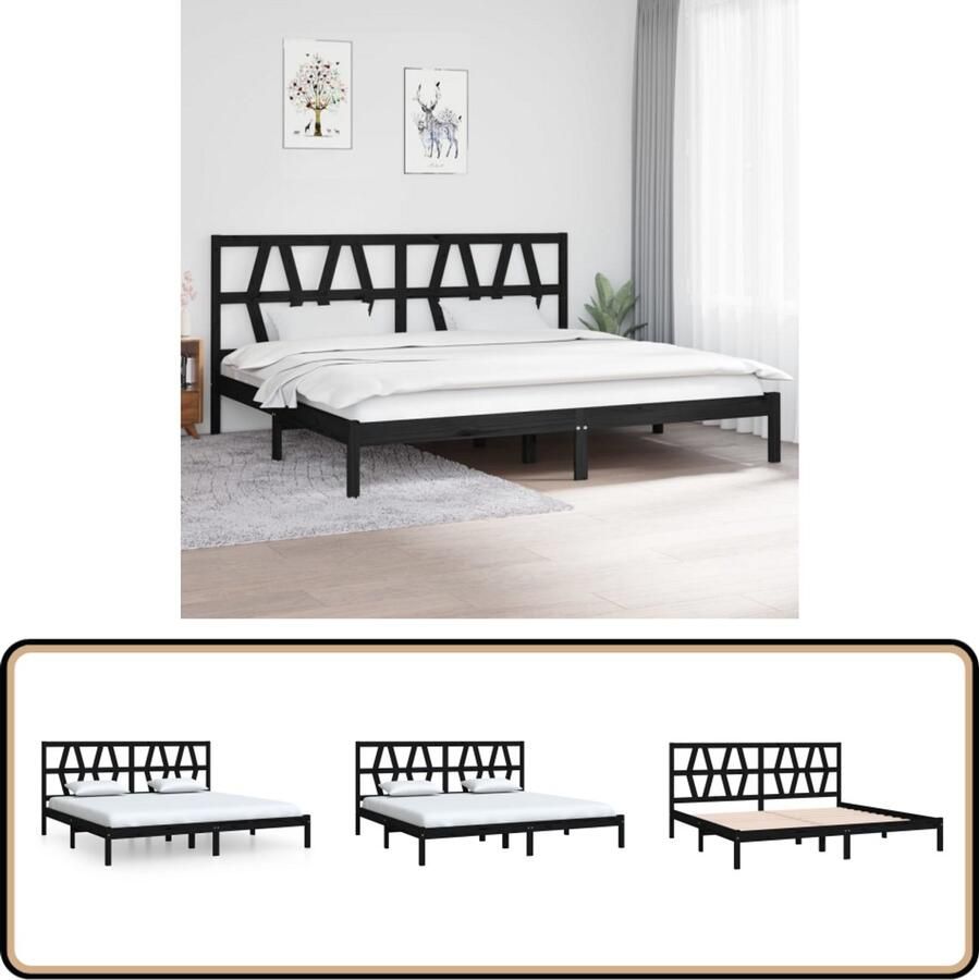VidaXL Bedframe Massief Grenenhout Zwart 200x200 cm Houten Bedframe Tweepersoons Bed Massief Grenenhout Zwarte Bedpost Bedframe Zwart