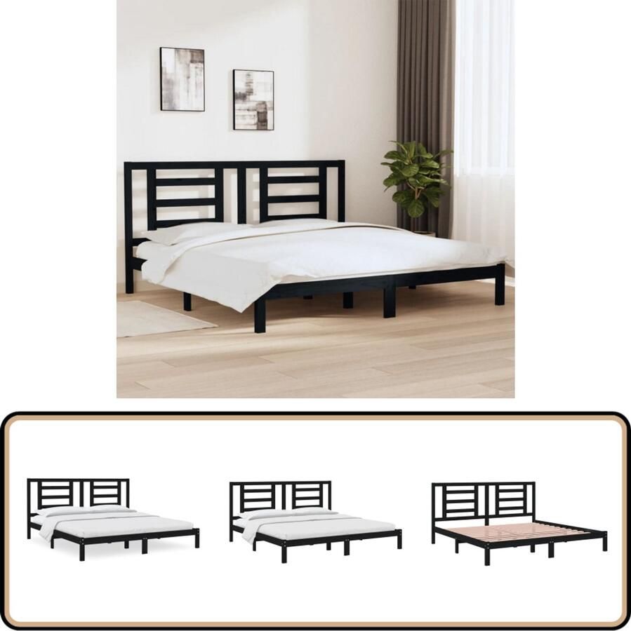 VidaXL Bedframe Massief Grenenhout Zwart 200x200 cm Modern Bedframe Houten Bed Zwarte Bedsteun Tweepersoons Bed Massief Hout Bed