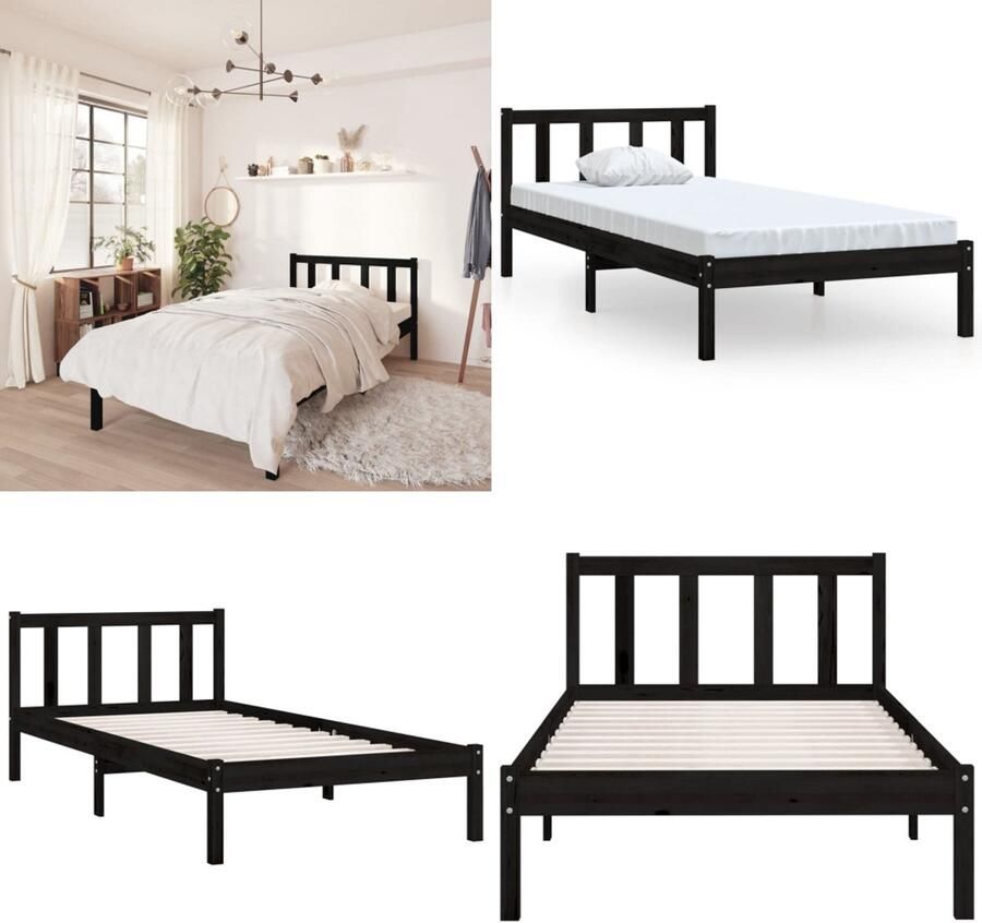 VidaXL Bedframe massief grenenhout zwart 75x190 cm 2FT6 Small Single Bedframe Bed Frame Bed Frames