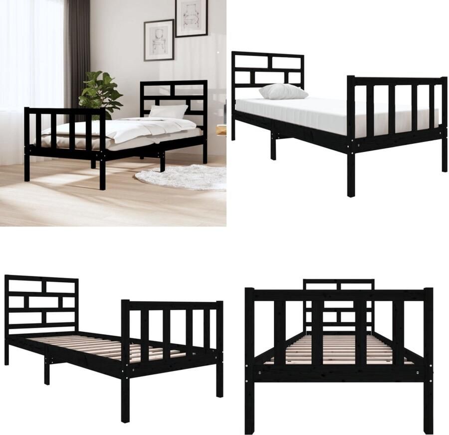 VidaXL Bedframe massief grenenhout zwart 75x190 cm 2FT6 Small Single Bedframe Bedframes Bed Bedbodem - Foto 2