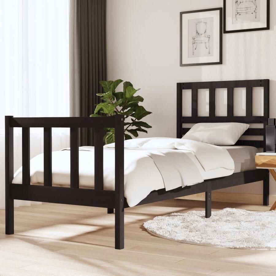 VidaXL Bedframe Massief Grenenhout Zwart 75x190 cm Bedframe Slaapkamers Hout Meubilair Zwarte Bedsteun Enkel Bed Klein Tweepersoonsbed - Foto 2