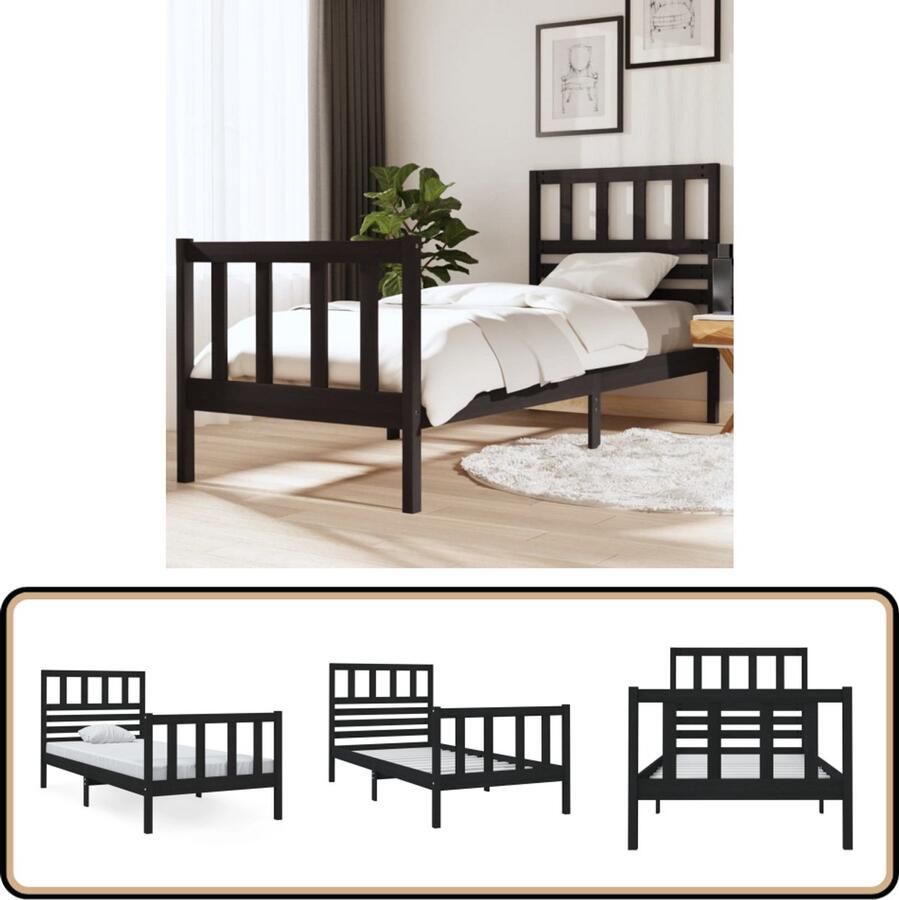 VidaXL Bedframe Massief Grenenhout Zwart 75x190 cm Bedframe Slaapkamers Hout Meubilair Zwarte Bedsteun Enkel Bed Klein Tweepersoonsbed