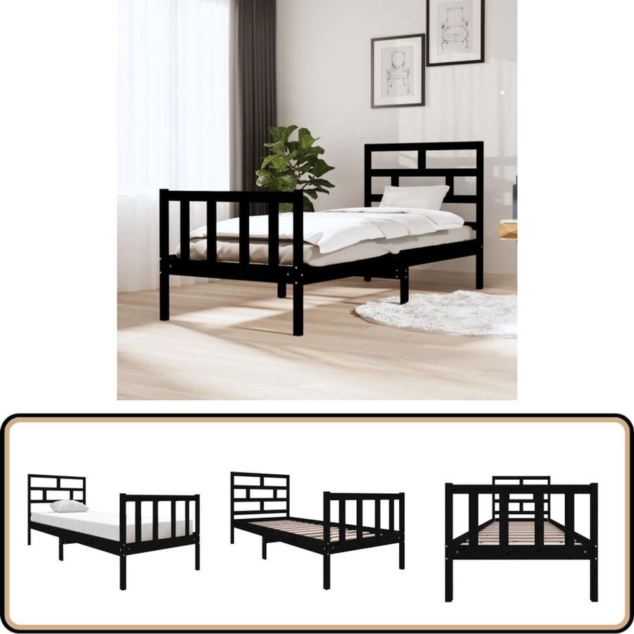 VidaXL Bedframe Massief Grenenhout Zwart 75x190 cm Houten Bedframe Modern Bed Zwarte Bed Enkel Bed Slaapkamersdecoratie