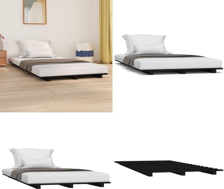 VidaXL Bedframe massief grenenhout zwart 90x200 cm Bedframe Bedframes Bed Bedbodem