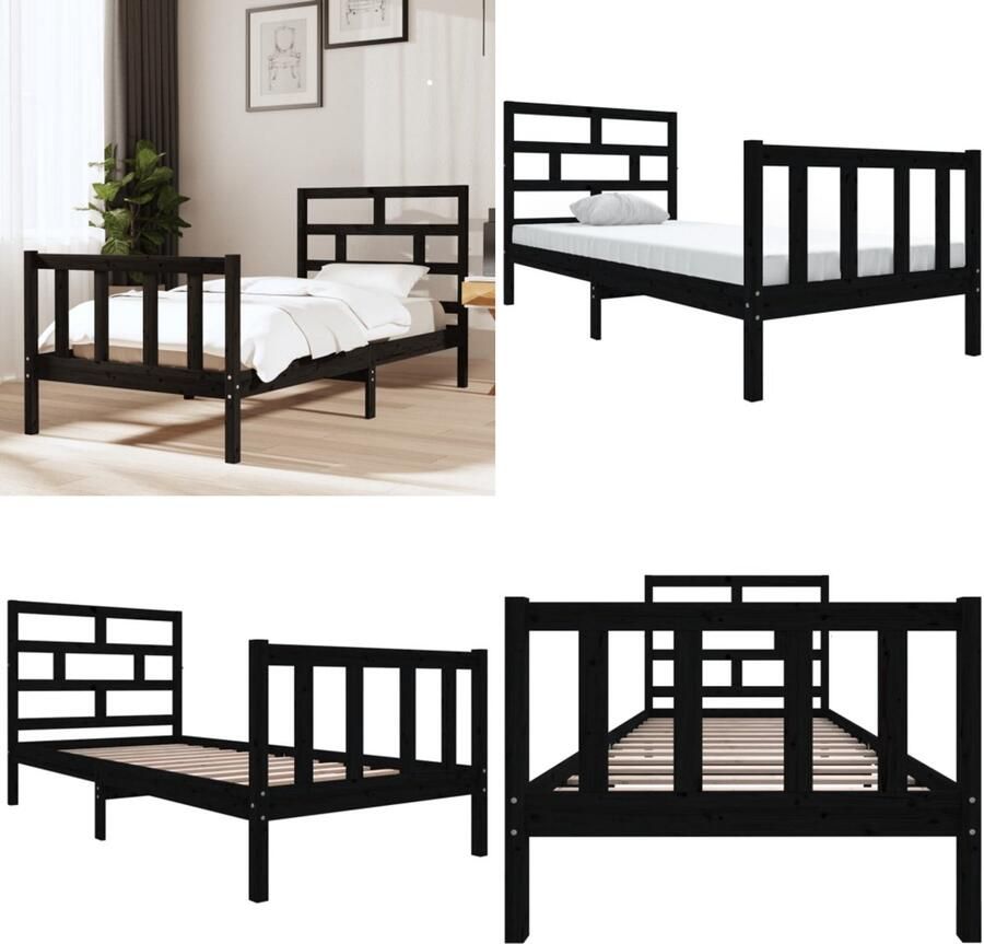 VidaXL Bedframe massief grenenhout zwart 90x200 cm Bedframe Bedframes Bed Bedbodem