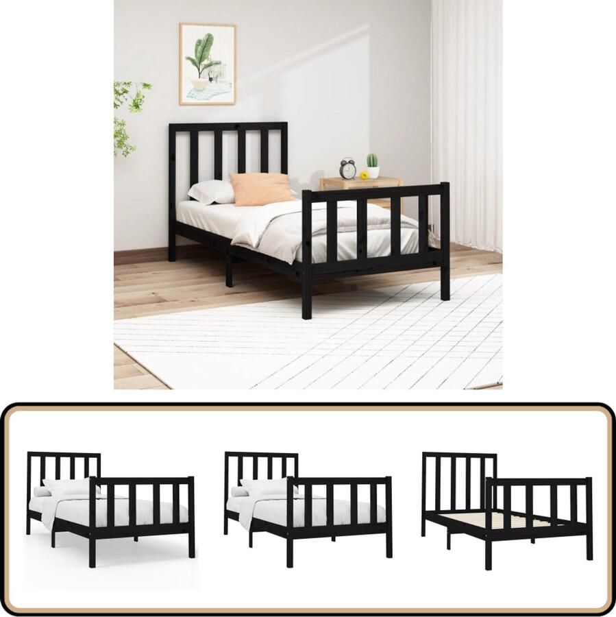 VidaXL Bedframe Massief Grenenhout Zwart 90x200 cm Modern Bedframe Houten Bed Grenenhout Bed Black Bed Frame King Size Bed Comfortabele Headboard Design Bed