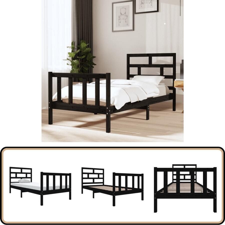 VidaXL Bedframe Massief Grenenhout Zwart 90x200 cm Modern Bedframe Houten Bedframe Grenenhouten Bedframe Zwarte Bedframe Eenpersoons Bed Bedframe 90x200 Design Bedframe Stapelbare Bed