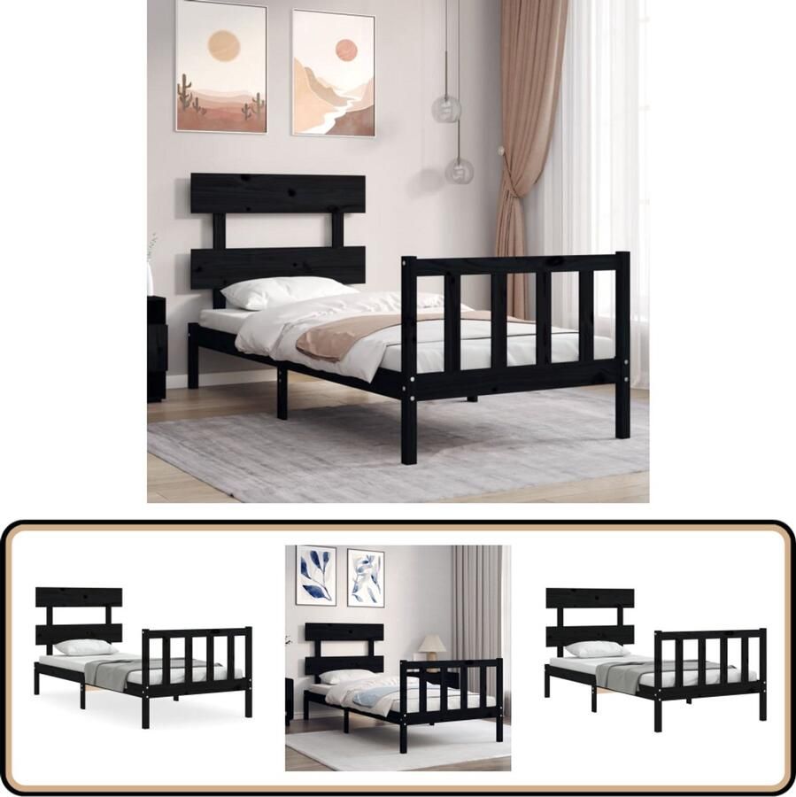 VidaXL Bedframe Massief Grenenhout Zwart Massief Grenenhouten Bed Frame Zwarte Bed Frame Tweepersoons Bed Frame Hoofd- En Voeteneind Bed Frame Met Hoofdbord