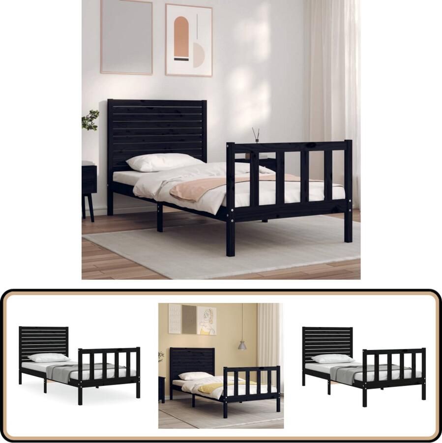 VidaXL Bedframe Massief Grenenhout Zwart Massief Grenenhouten Bed Frame Zwarte Bedpost Tweepersoons Bed Lattenbodem Hout Bed Slaapkamer Meubels