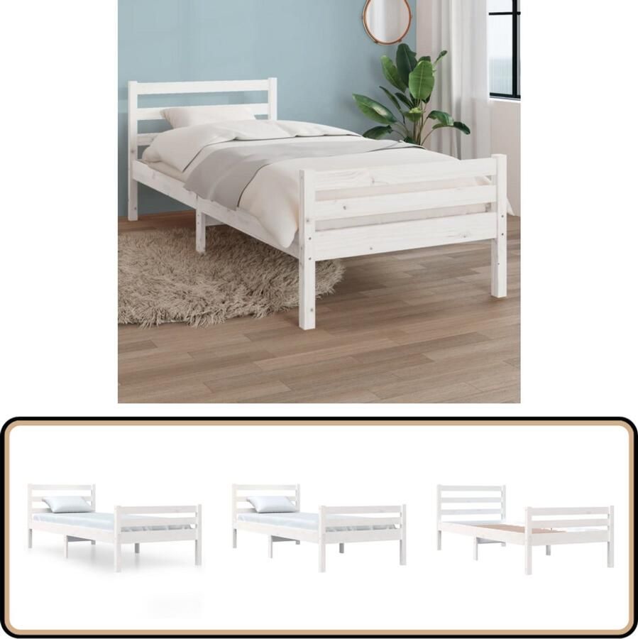 VidaXL Bedframe Massief Hout 100x200 cm Wit Houten Bedframe Enkelbed Modern Design Witte Kleur Stabiel Bedframe Comfort Headboard Klein Appartement Kinderkamer
