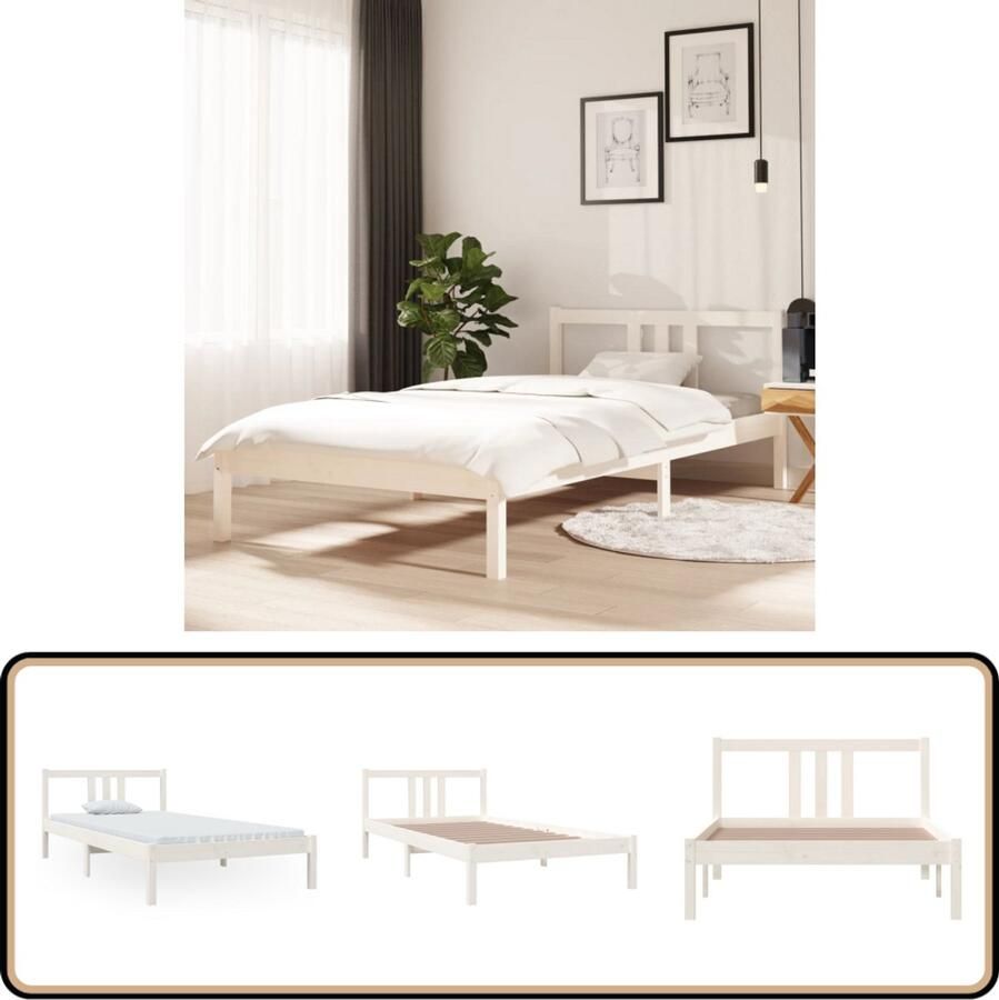 VidaXL Bedframe Massief Hout 100x200 cm Wit Houten Bedframe Enkelbed Modern Design Witte Kleur Stabiele Constructie